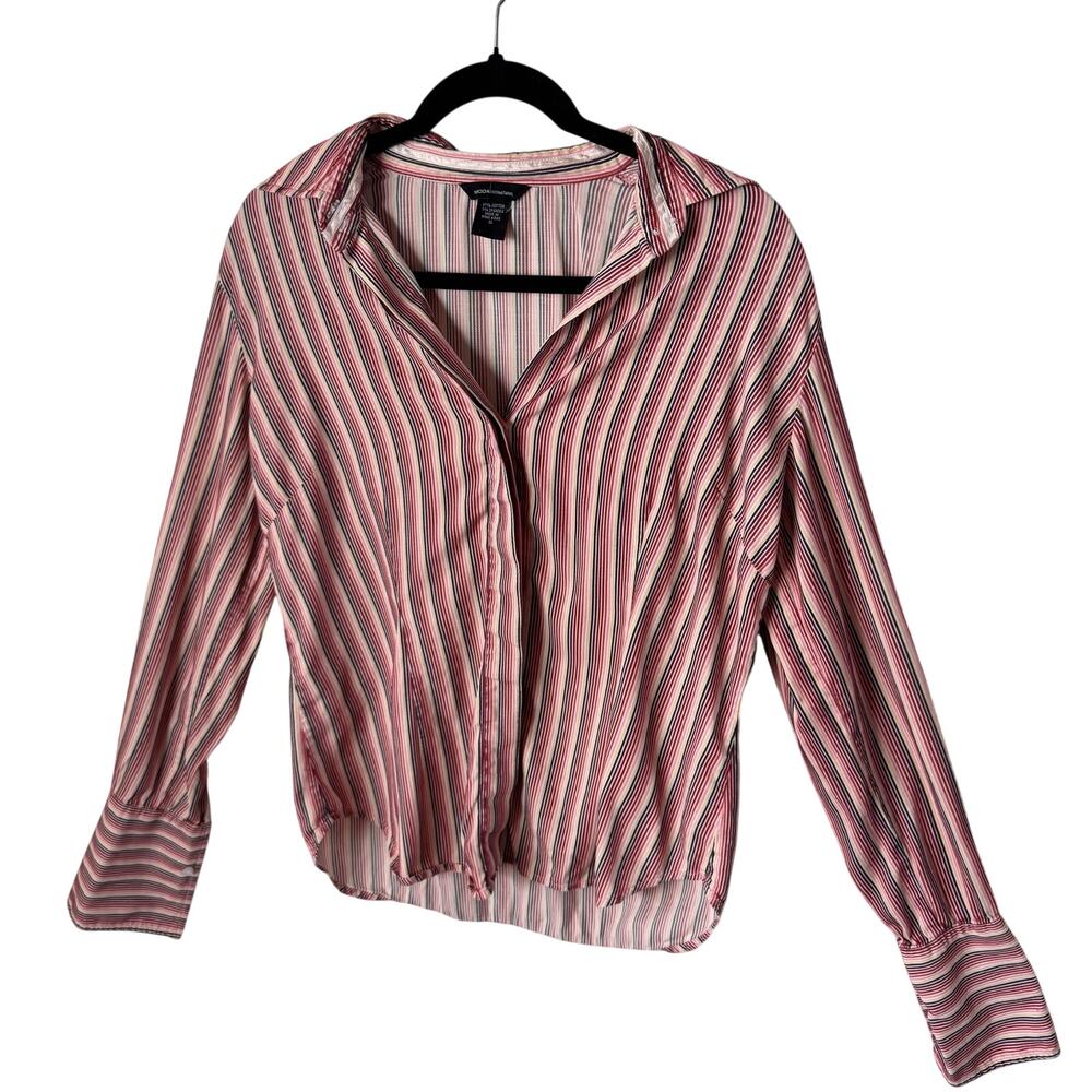 Moda International Y2K Striped Button Up Blouse Small Office Siren Stretch Top
